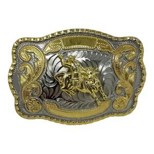 Western Rodeo Bull Rider Belt Buckle Gold Silver Two-Tone Cowboy Westernwear
